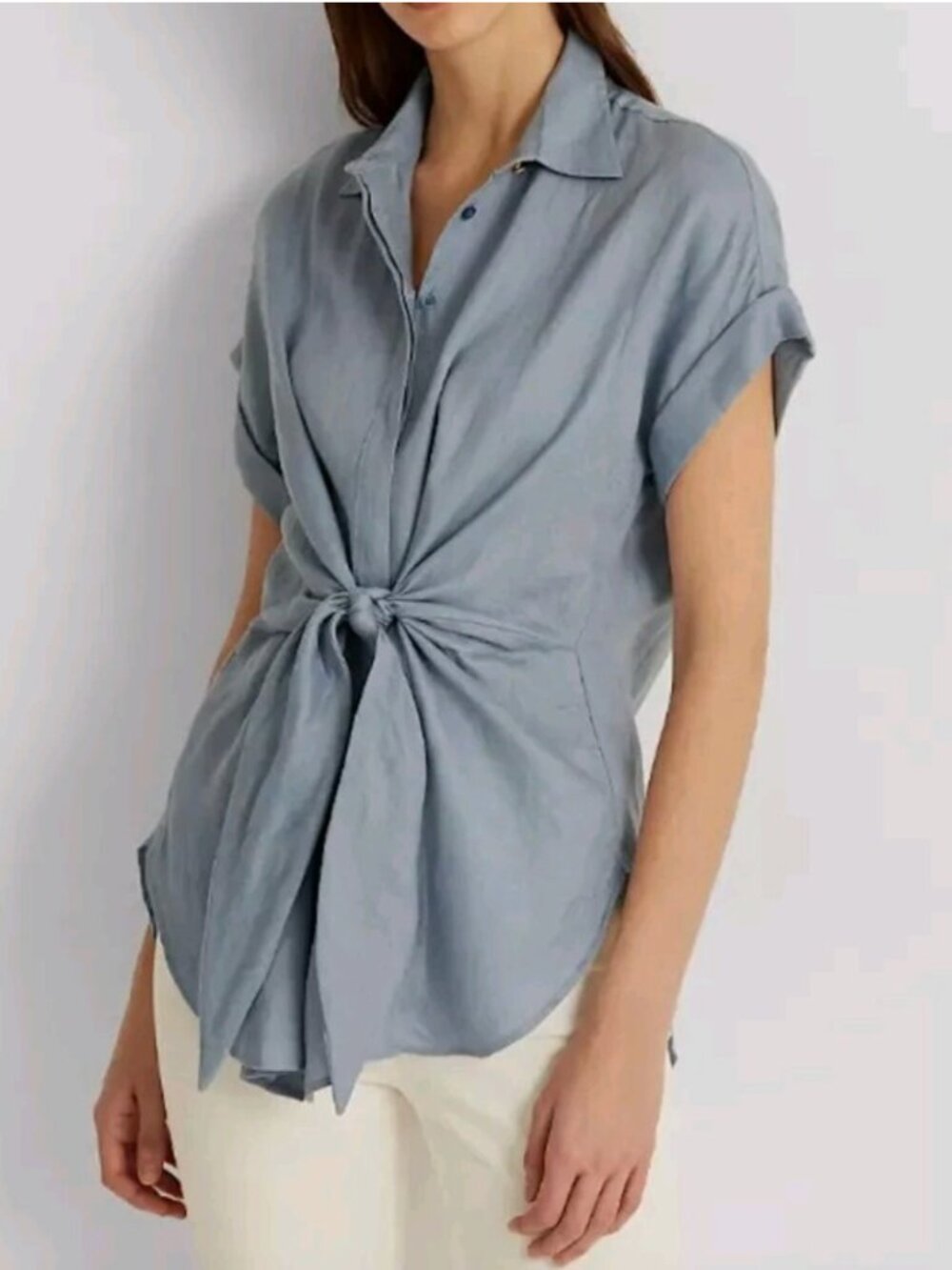 Lauren Ralph Lauren Blue Linen Shirt Tie Front Broadcloth Button Up Size Medium